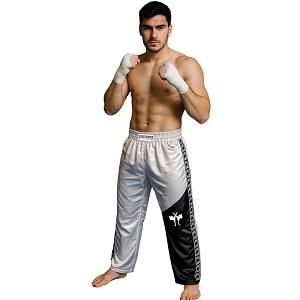 FIGHTERS - Pantalon de Kick-boxing / Satiné / Blanc-Noir / Small